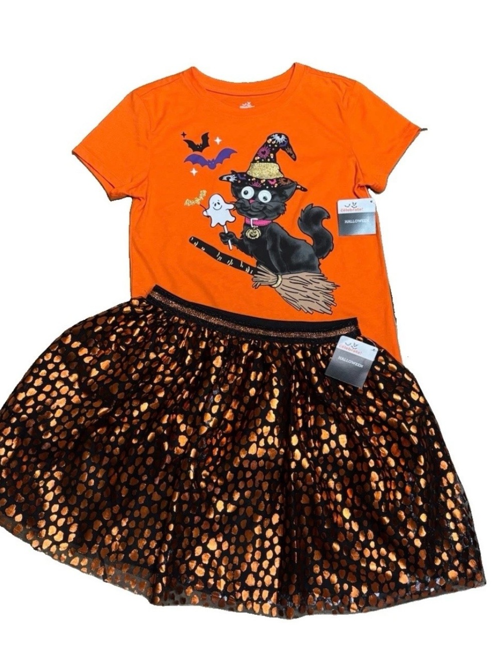 Way To Celebrate Halloween Spooky  Tutu Set Girls M 7/8 Graphic Tee Skirt NWT